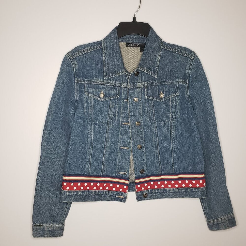 NWOT Vintage Willi Smith Denim Jacket Women's Medium Polka dot Blue Unique Rare